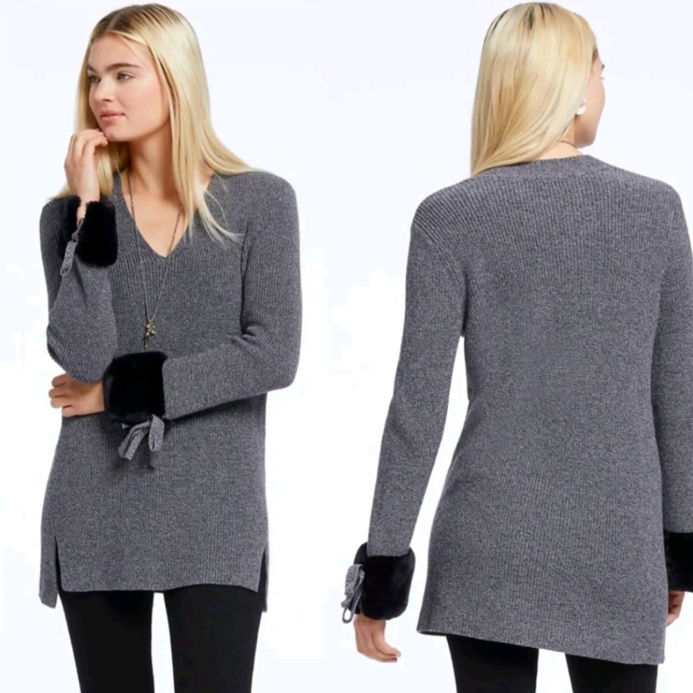 NIC and ZOE Sweater V Neck Long Cozy Faux Fur Sleeves Smoke Grey Sz 3X